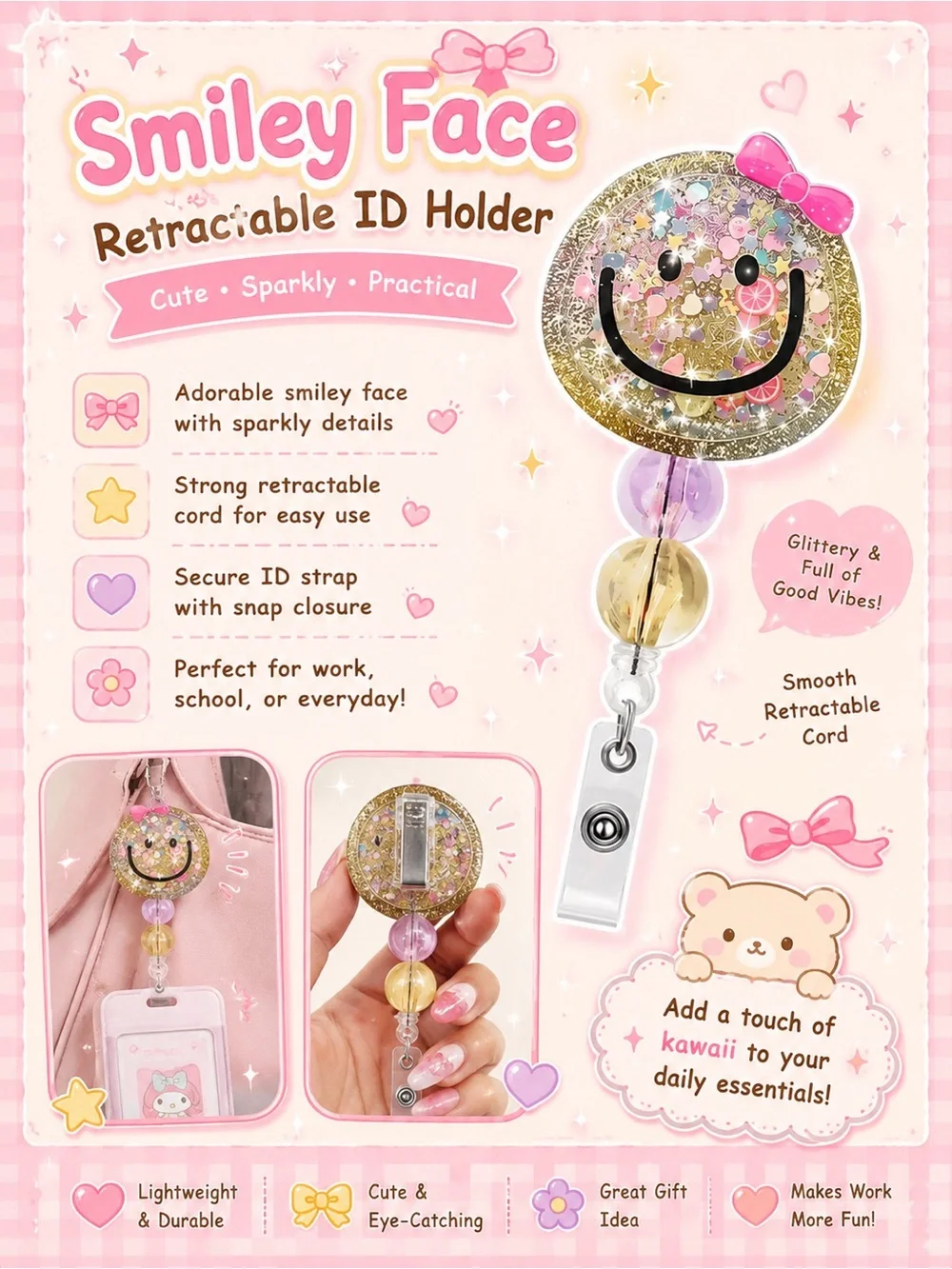 Kawaii Glitter Smiley Face Retractable Badge Reel ID Holder Pink Bow